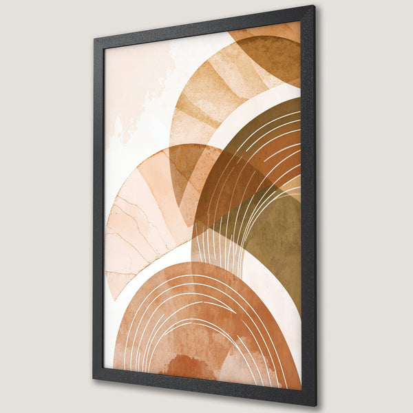 Framed Poster featuring abstract art with earthy tones. Modern style, warm color palette of browns, tans, and white. Perfect wall decor.