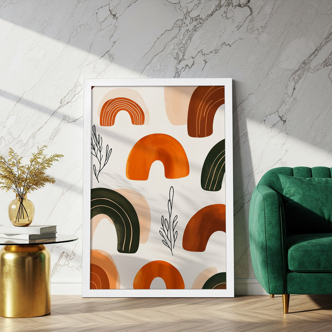 Framed Poster featuring abstract art with warm earth tones. Modern style, perfect for home decor.