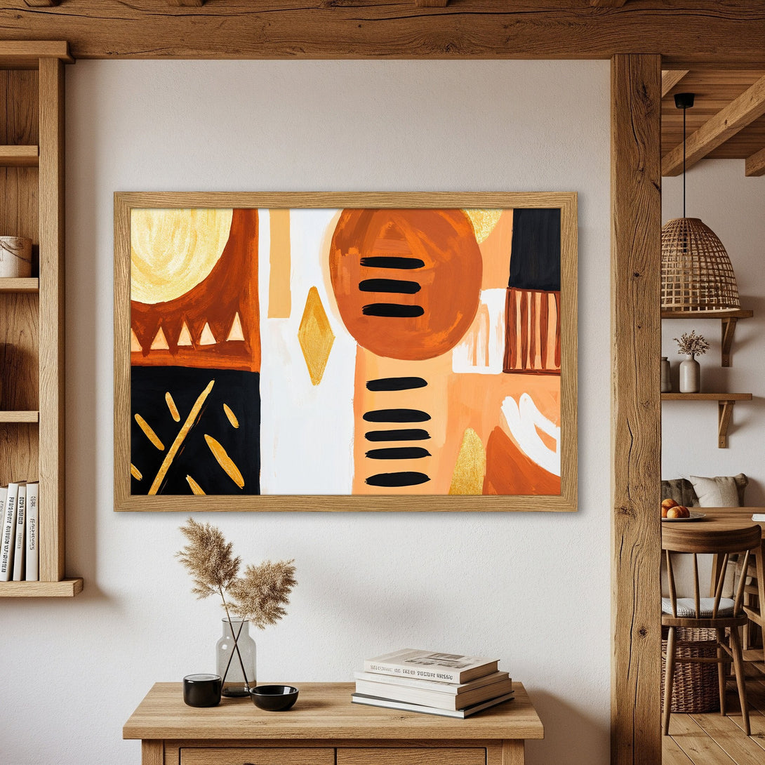 Framed Poster featuring abstract art in warm orange, yellow, and black tones. Modern art print for home decor.