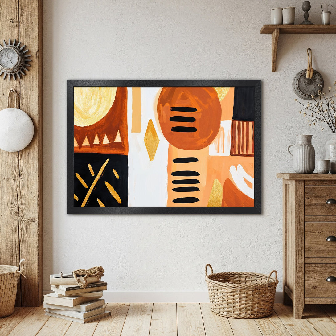 Framed Poster. Abstract art print in warm orange, black, and gold tones. Modern style perfect for home decor.