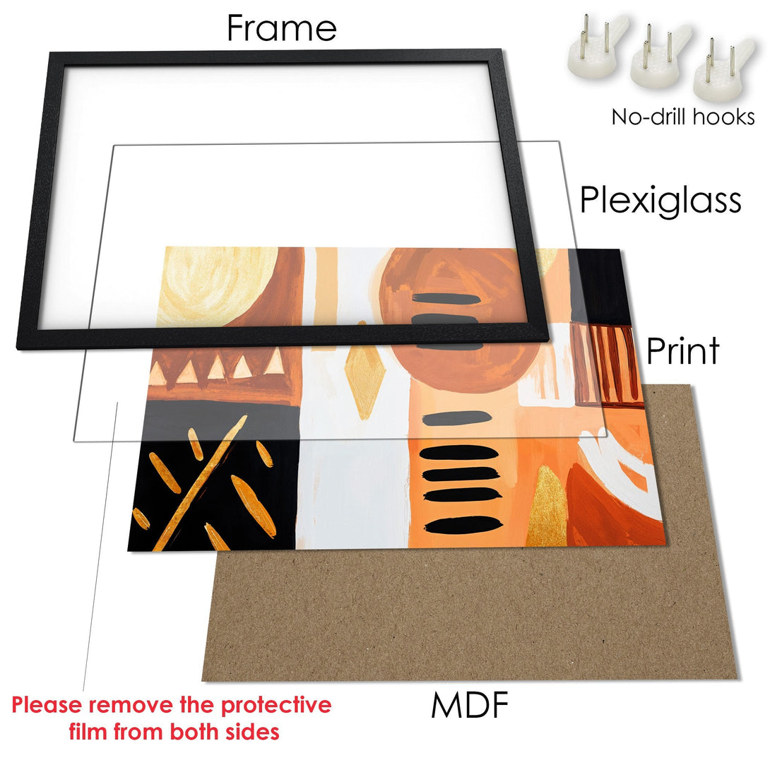 Framed Poster featuring abstract art in warm orange, black, and gold hues. Modern art print for your home decor.