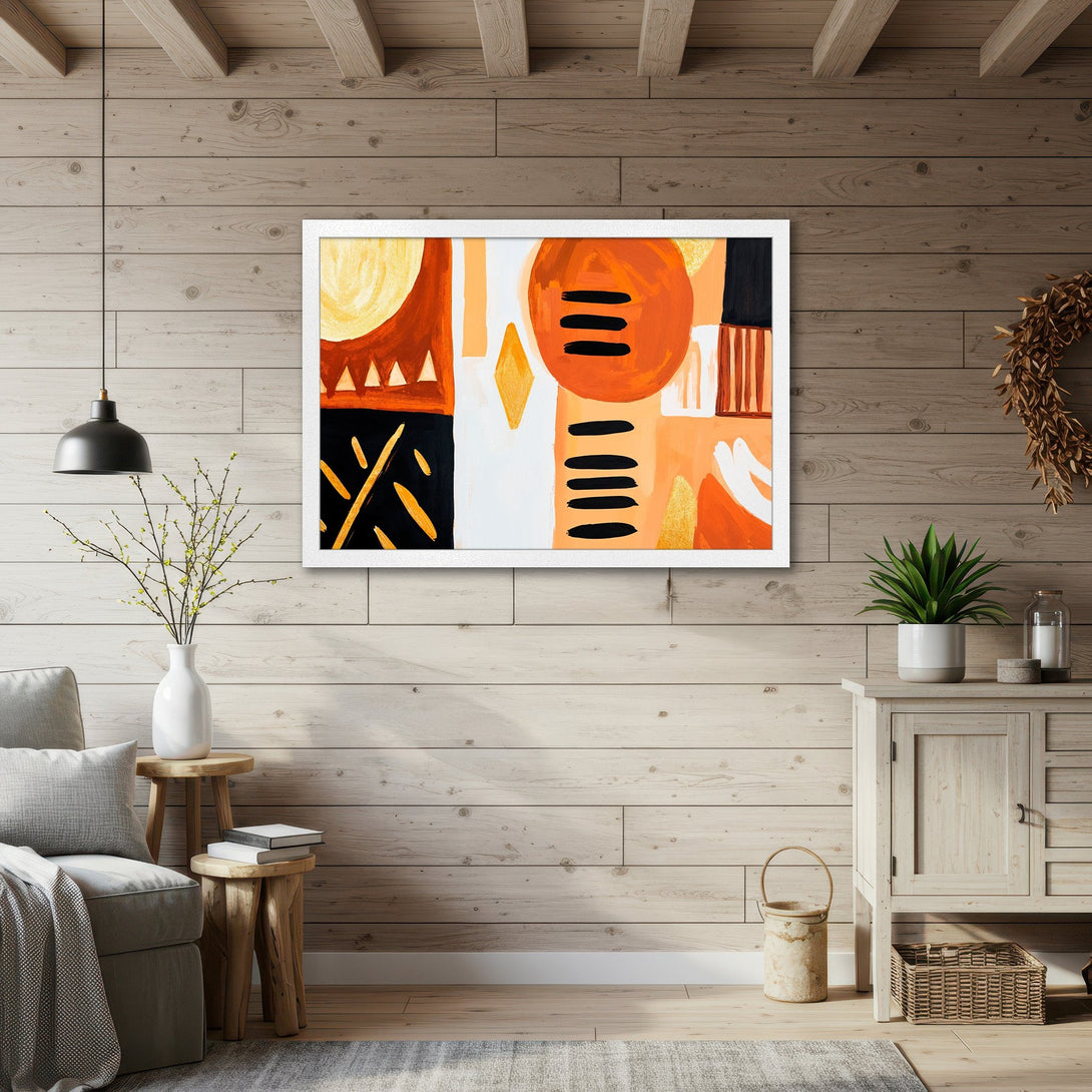 Framed Poster featuring abstract art in orange, black, and gold. Modern style, perfect for home decor and wall art.