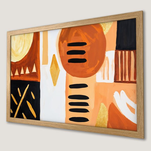 Framed Poster featuring abstract art in warm orange, black, and gold tones. Modern decor for your home.