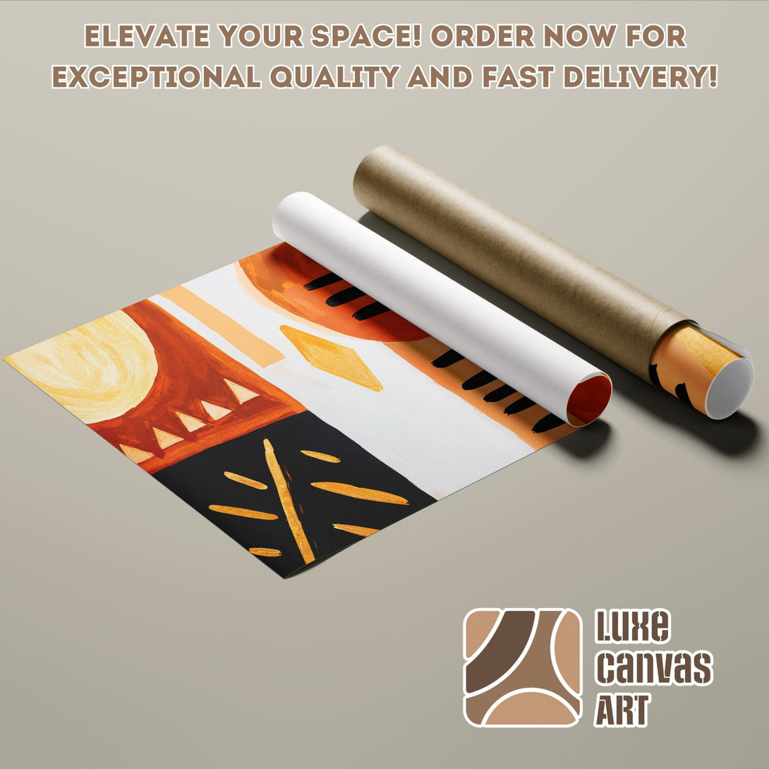 Abstract art Poster Roll with warm orange, black, and yellow color palette. Elevate your space!