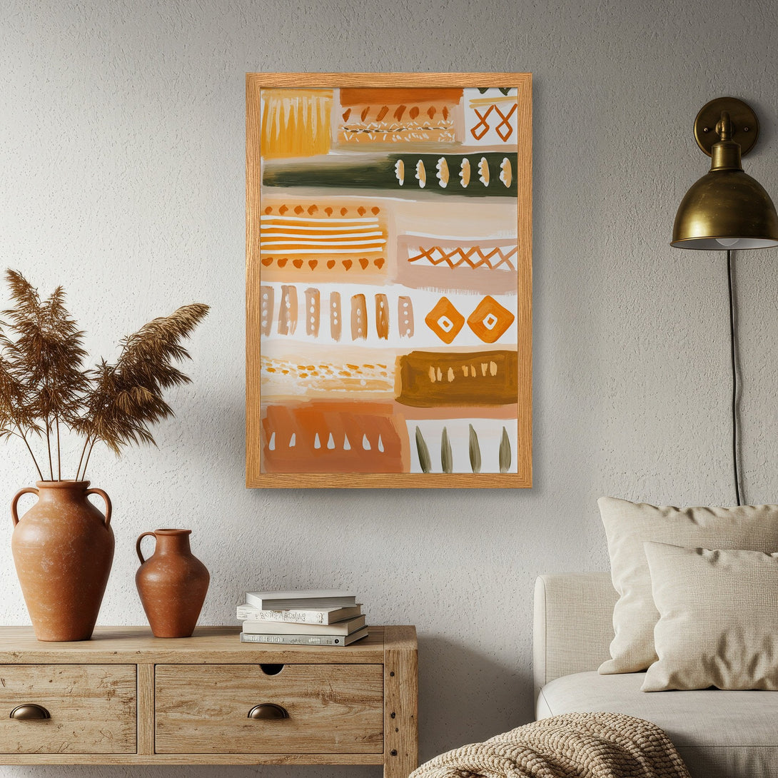 Framed Poster featuring abstract art in warm earth tones. Perfect for adding a touch of modern style to your home decor.