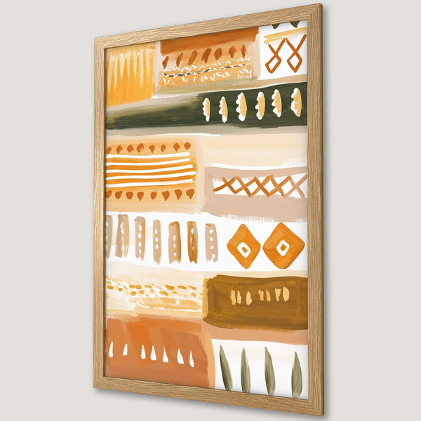 Framed Poster featuring abstract art in warm orange, beige, and green tones. Modern wall decor for your home, shop now!