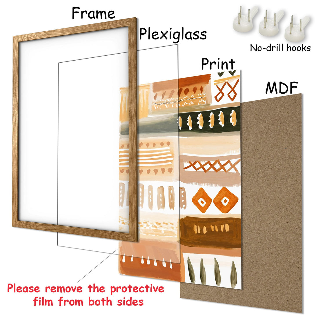 Framed Poster with abstract art in warm earth tones. Modern art print ready to hang, includes frame and no-drill hooks.