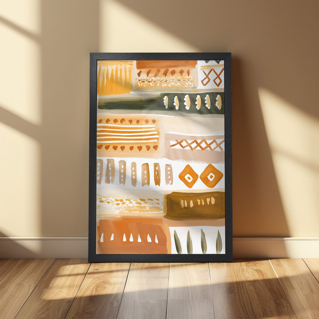 Framed Poster featuring abstract art in warm orange, brown, and beige tones. Perfect wall decor for a modern, stylish home.