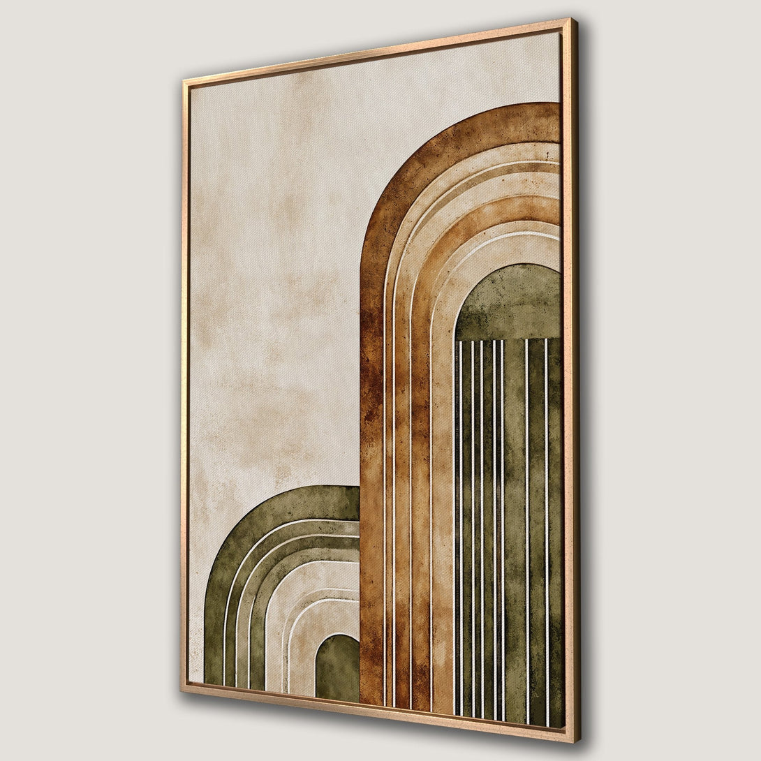 Framed Wall Art featuring an abstract arch design in earthy tones of brown, green, and beige. Modern art for a stylish home.