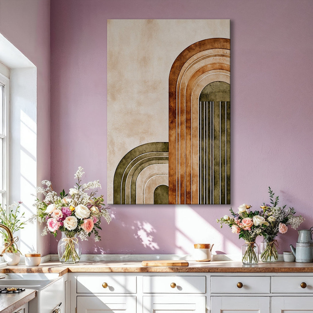 Framed Wall Art: Abstract arch design in warm earth tones. Modern canvas print adds a touch of elegance to any living room. Shop now for stylish home decor!