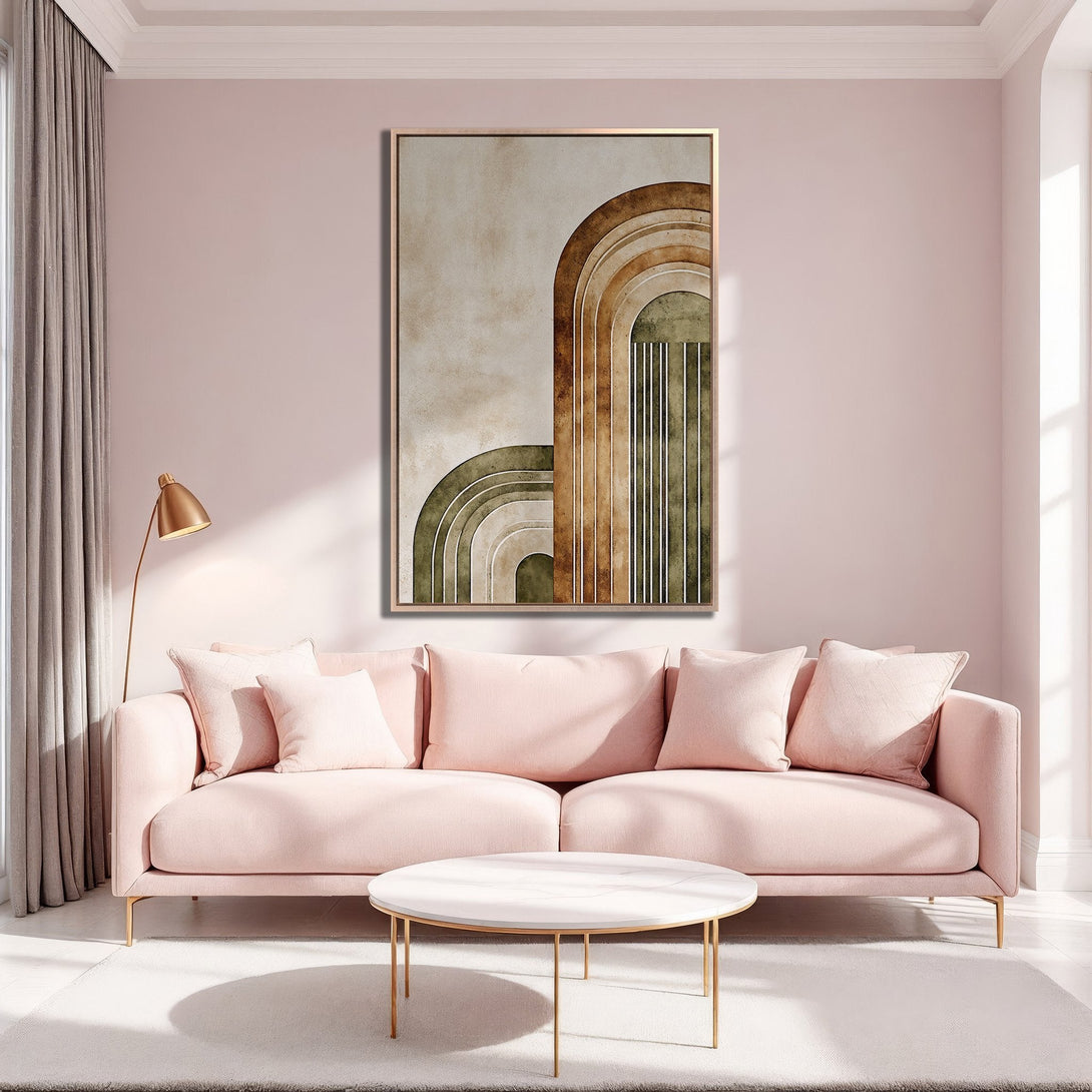 Framed Wall Art featuring an abstract geometric design in warm earth tones. Modern art adds a touch of elegance to any living room.