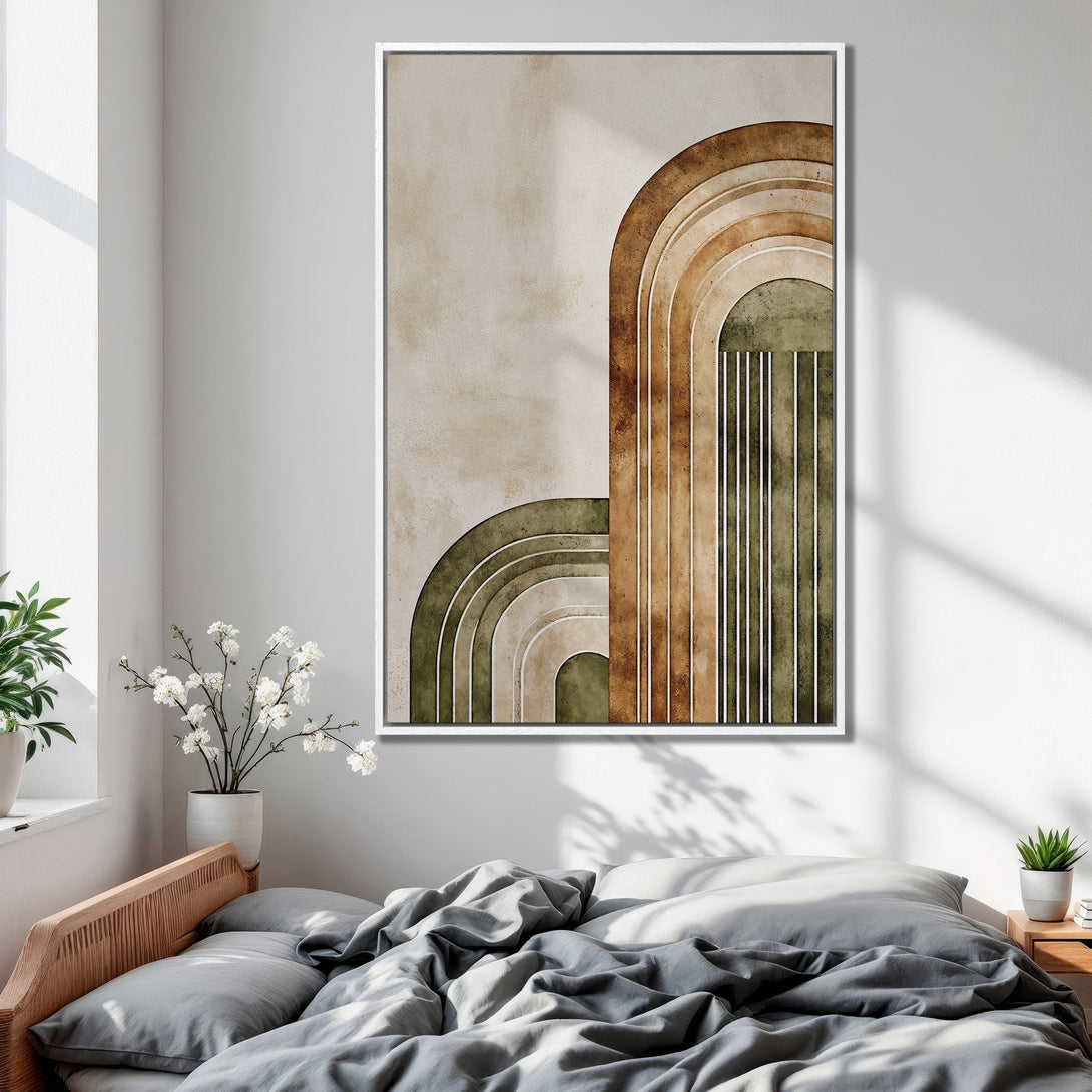 Framed Wall Art: Abstract geometric design in earthy tones of brown, green, and beige. Modern art canvas print for bedroom decor.