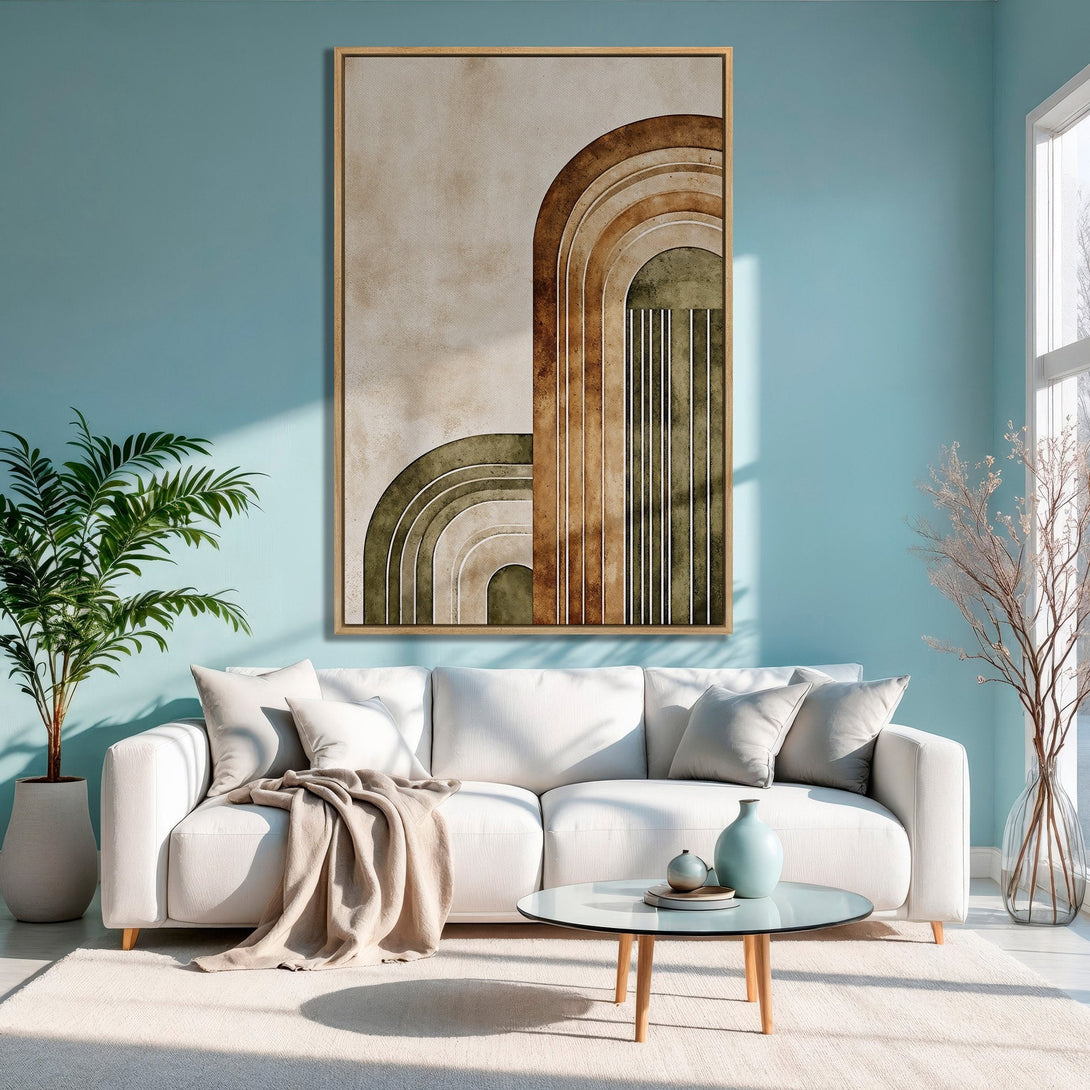 Framed Wall Art: Abstract arch design in warm earth tones. Modern art canvas print adds a stylish touch to any living room decor.