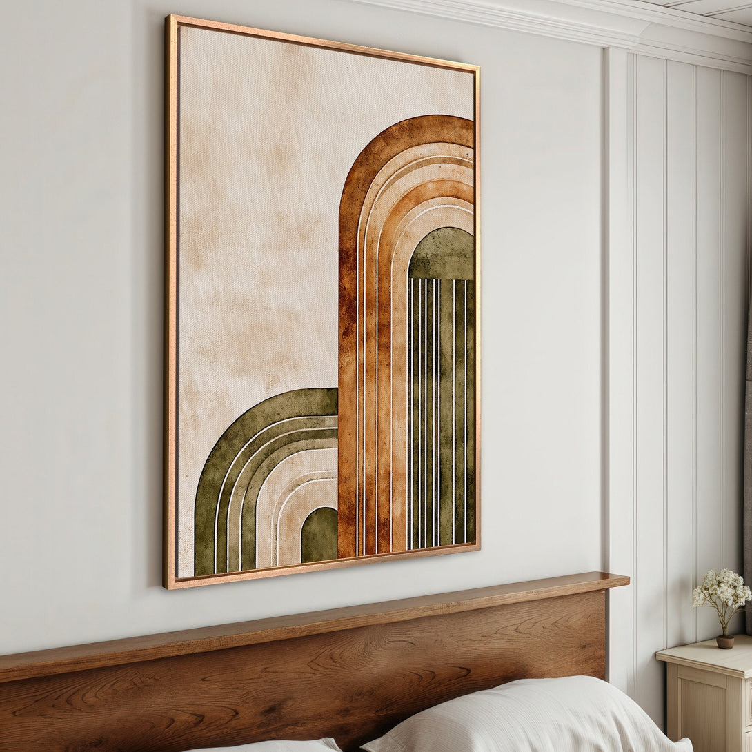 Framed Wall Art: Abstract rainbow design in warm earth tones. Modern canvas print adds a touch of boho style to any bedroom.