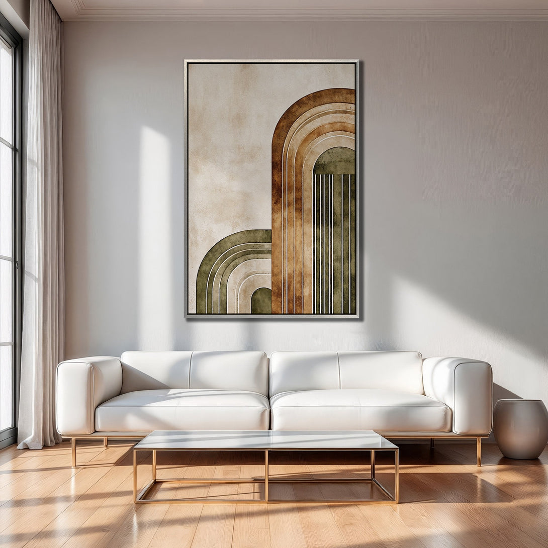 Framed Wall Art: Abstract arch design in earthy tones. Modern art canvas print adds warmth and style to any living room.