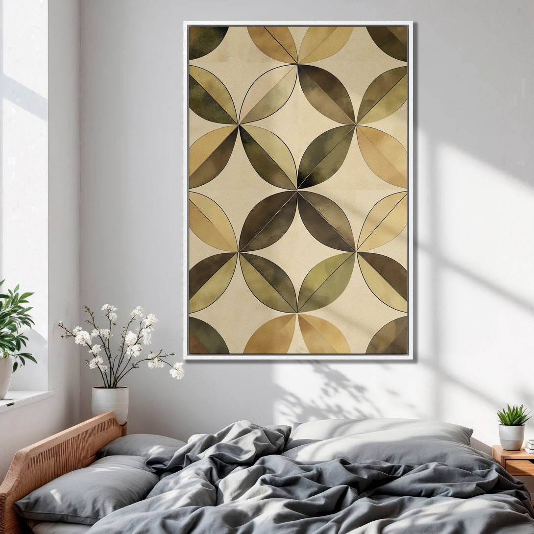 Framed Wall Art featuring a geometric leaf design in earthy tones. Perfect for adding a touch of modern style to your bedroom decor. Shop now!