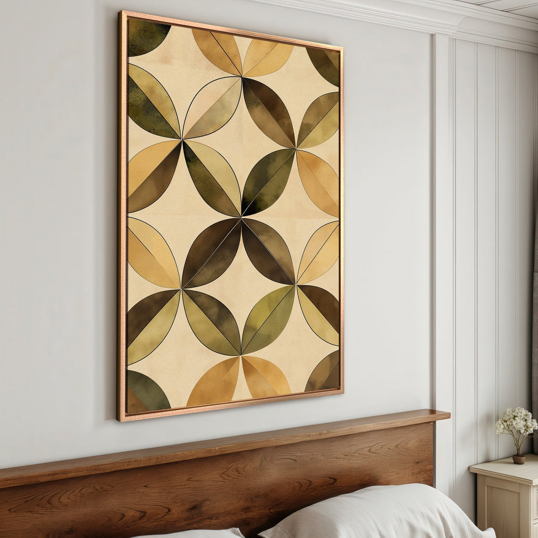 Framed Wall Art featuring a geometric leaf pattern in warm earth tones. Perfect for adding a touch of modern style to your bedroom decor.