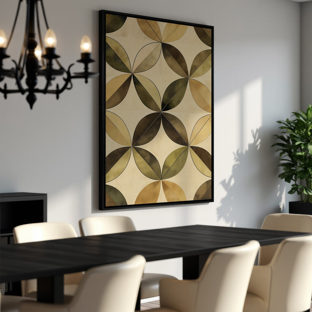 Framed Wall Art featuring an abstract geometric design in earthy tones. Perfect for adding a touch of modern style to your dining room or living space.