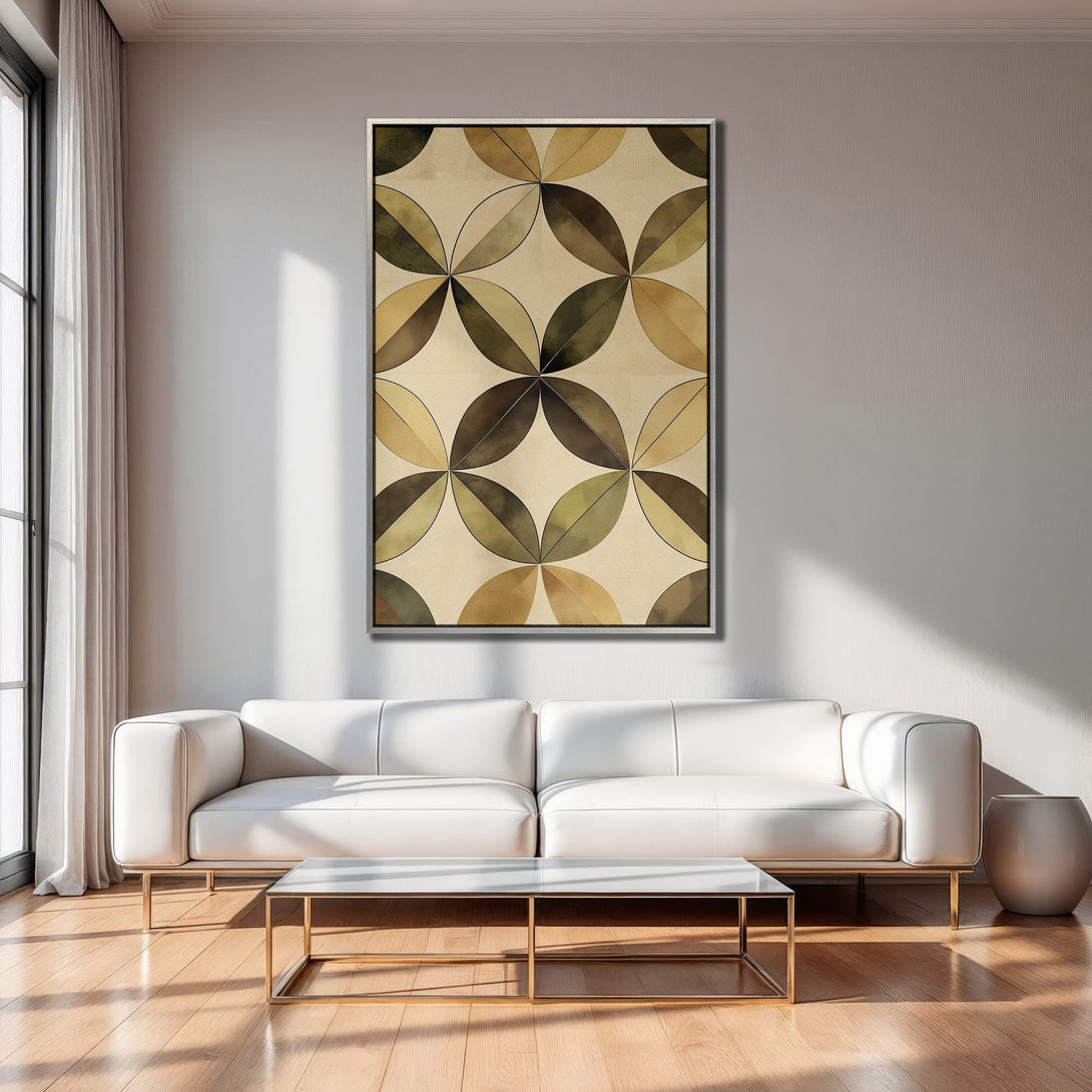 Framed Wall Art featuring a geometric leaf pattern in earthy tones. Modern decor with a warm, inviting color palette. Canvas Print for your home!