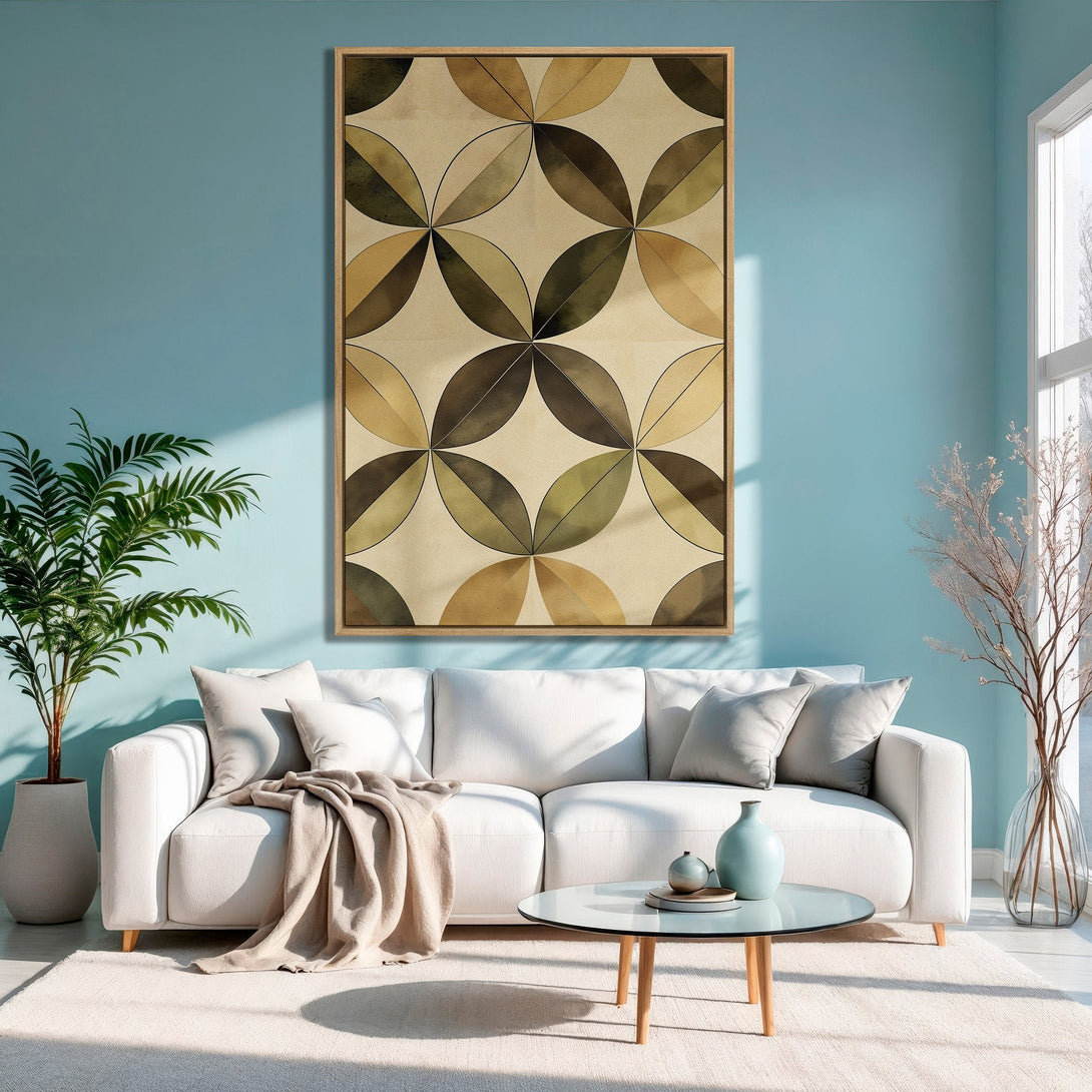 Framed Wall Art featuring a geometric leaf pattern in earthy tones. Perfect for adding a touch of modern style to any living room.
