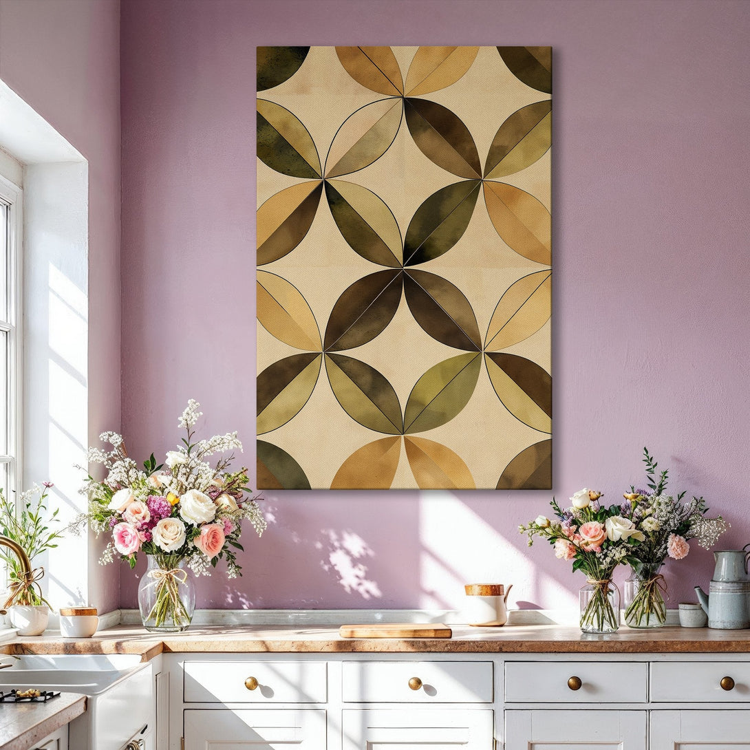 Framed Wall Art featuring an abstract geometric design in earthy tones. Modern decor with a warm, neutral color palette, perfect for living room styling.