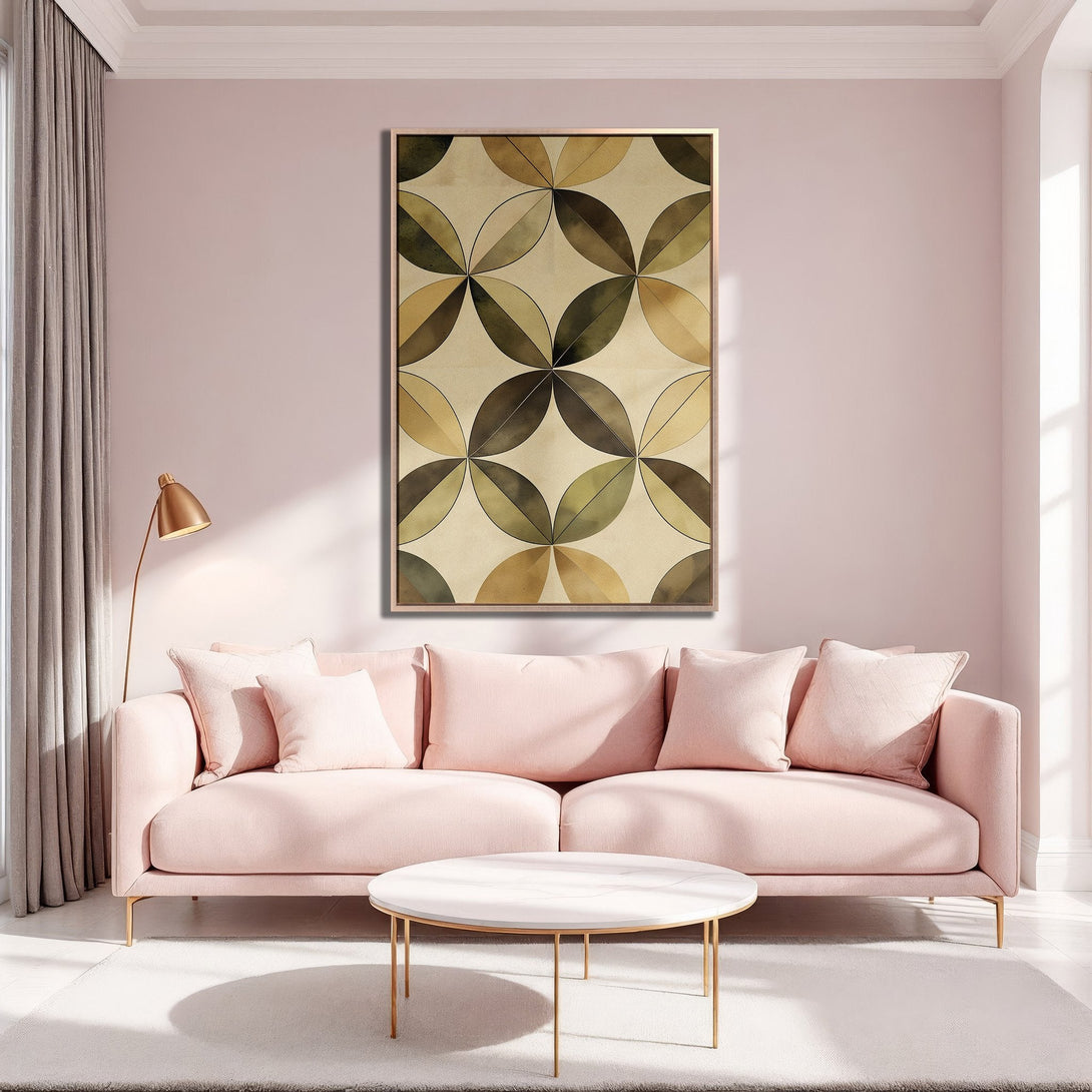 Framed Wall Art featuring a geometric floral design in earthy tones. Modern decor in a pink living room. Enhance your space with this beautiful canvas print.