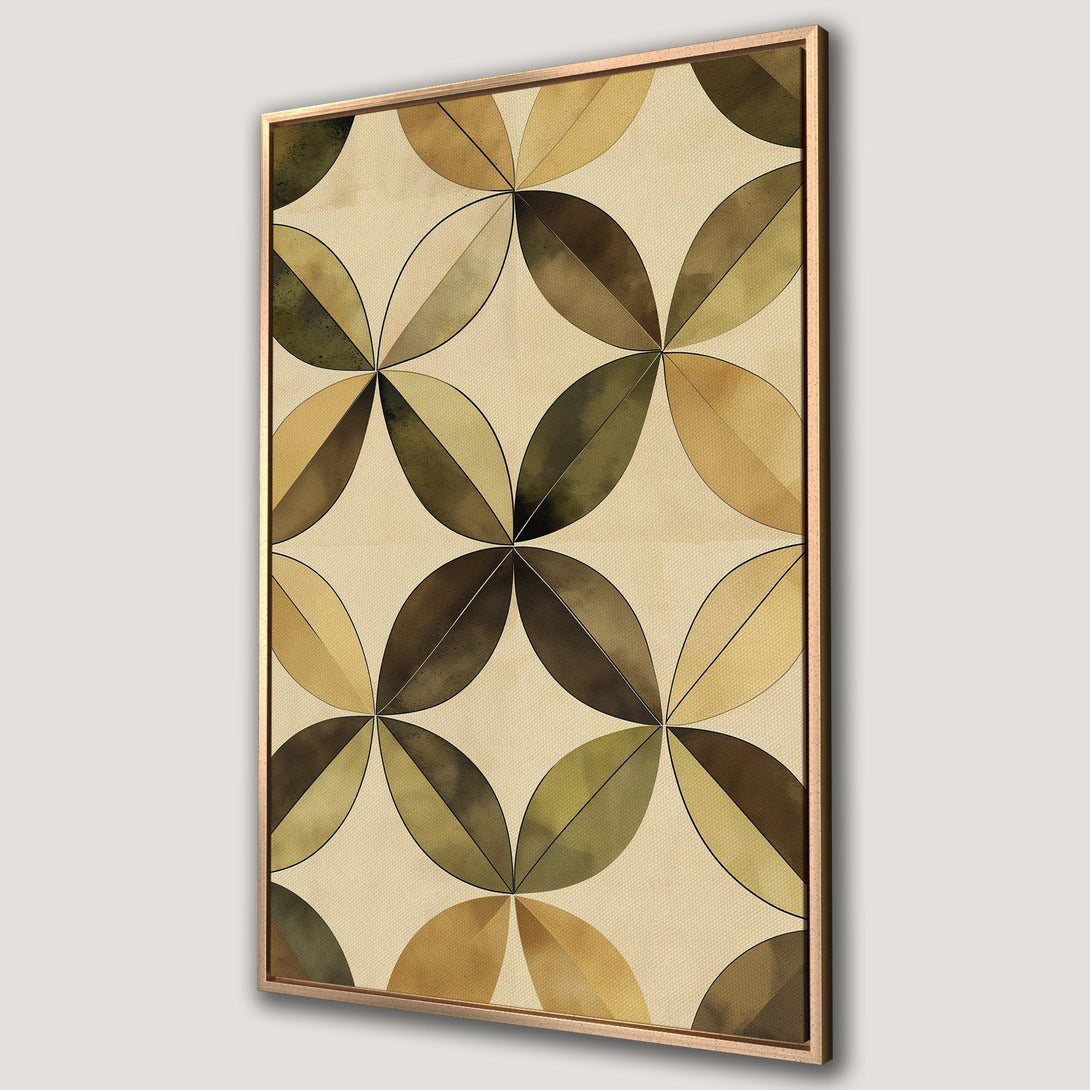 Framed Wall Art featuring a geometric leaf pattern in a warm, earthy color palette. Perfect for adding a touch of modern style to your home decor.
