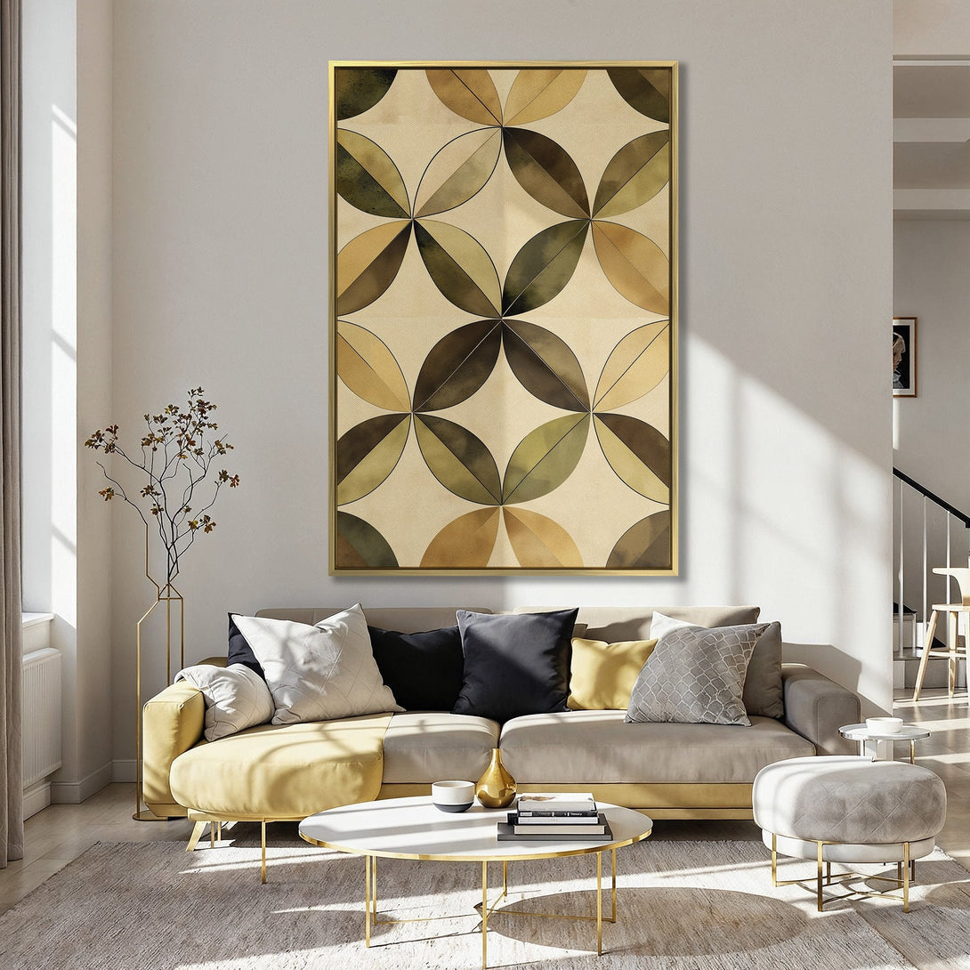 Canvas Print featuring a geometric leaf pattern in earthy tones, perfect for adding modern art to your kitchen decor.
