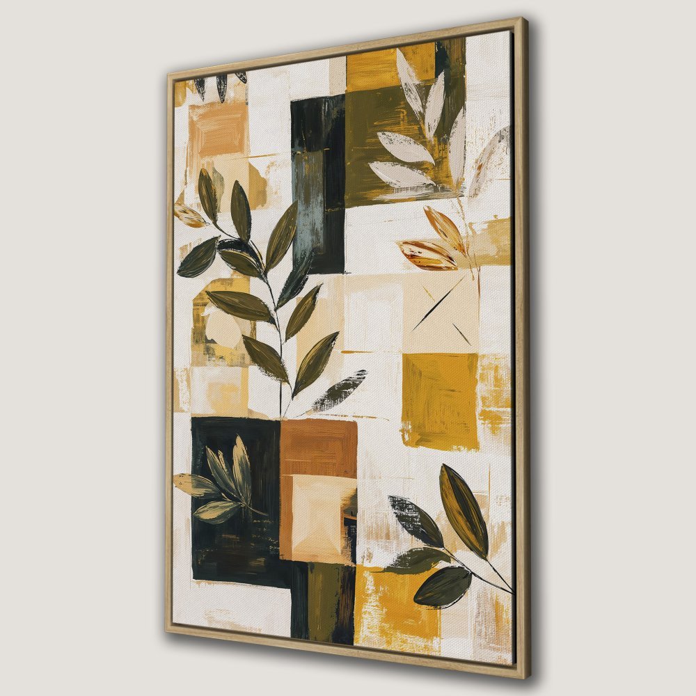 Abstract floral Canvas Print in warm yellow, brown, and green tones. Modern art for your home.