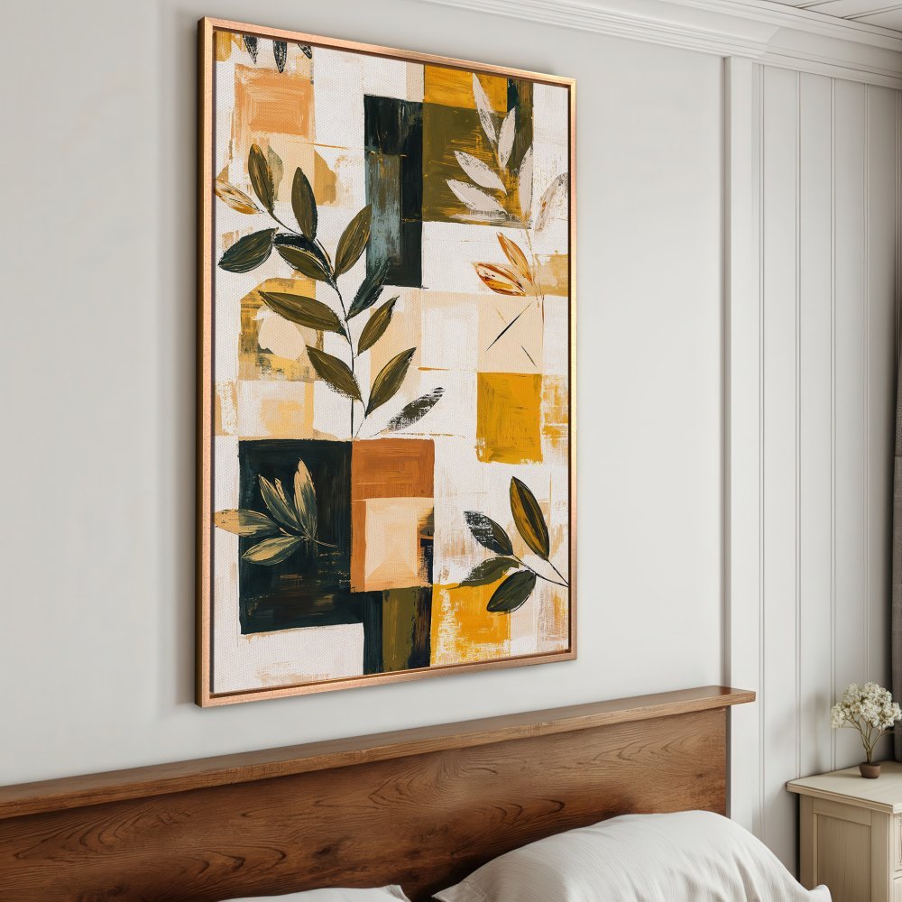 Abstract Canvas Print with botanical design in warm yellow, green, and brown tones. Modern art for your home decor.