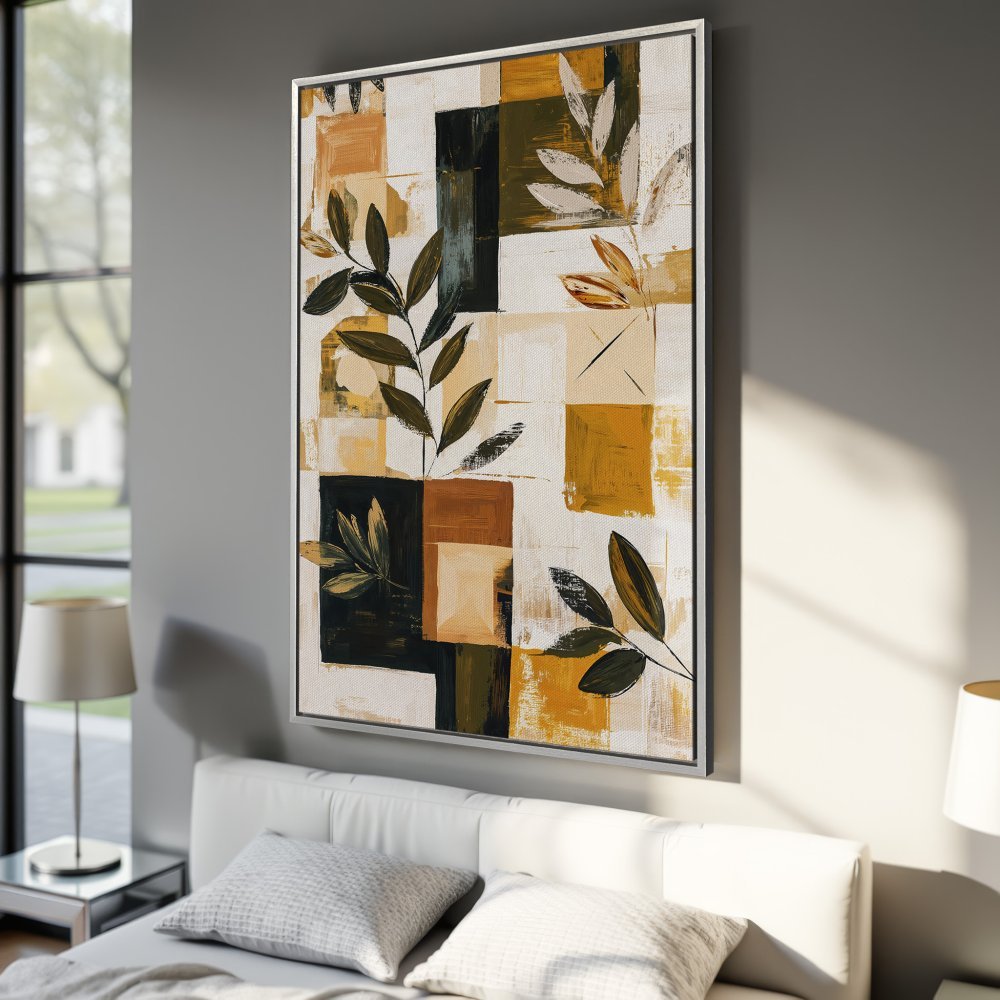 Framed Wall Art: Abstract botanical print in neutral tones. Modern canvas art with olive green, ochre, and cream color palette. Perfect for bedroom decor.