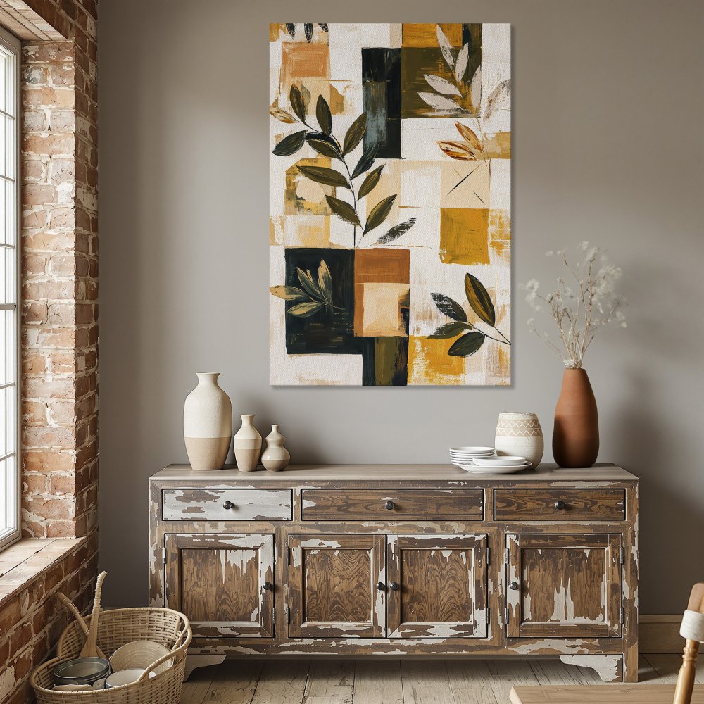 Framed Wall Art: Abstract botanical print in warm yellow, green, and brown tones. Modern art for dining room decor. Elevate your space with this canvas print!