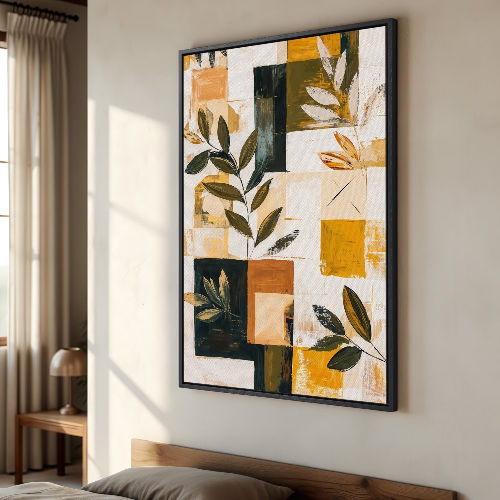Framed Wall Art: Abstract botanical Canvas Print in warm yellow, green, and brown tones. Modern art perfect for bedroom decor.