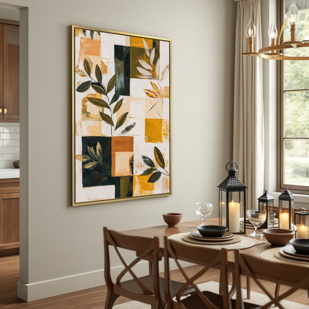 Abstract botanical Canvas Print in warm earth tones. Modern art with leaves and geometric shapes. Perfect for home decor.