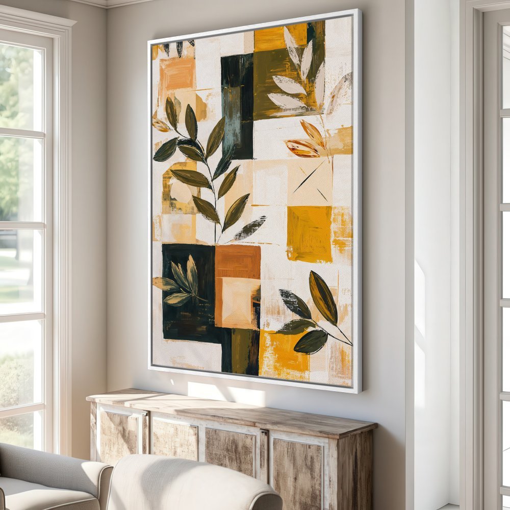 Abstract Canvas Print with botanical design in warm yellows, greens, and browns. Modern wall art for a stylish home.