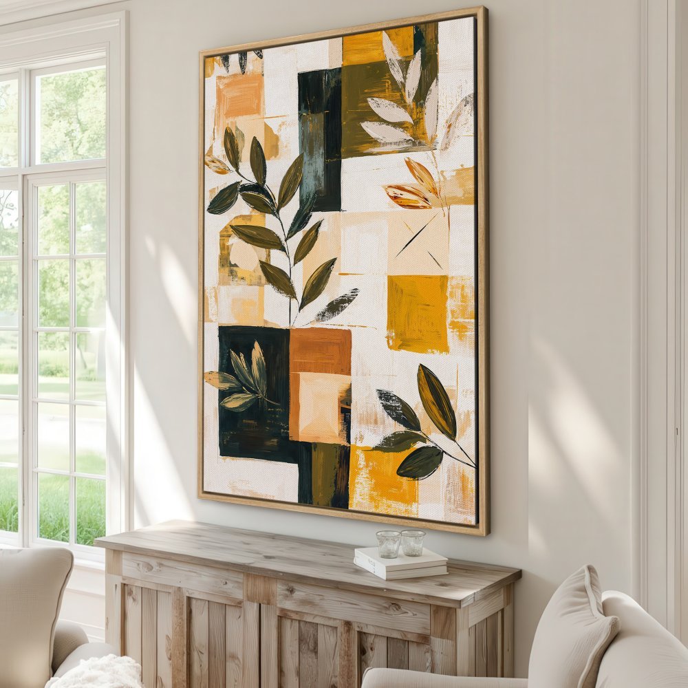 Abstract Canvas Print with botanical design in a modern style. Features a warm color palette of yellow, green, and brown tones.