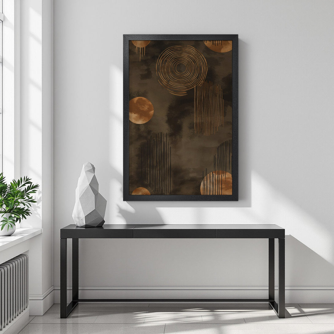 Framed Poster featuring abstract art in brown and gold tones. Modern style for home decor.
