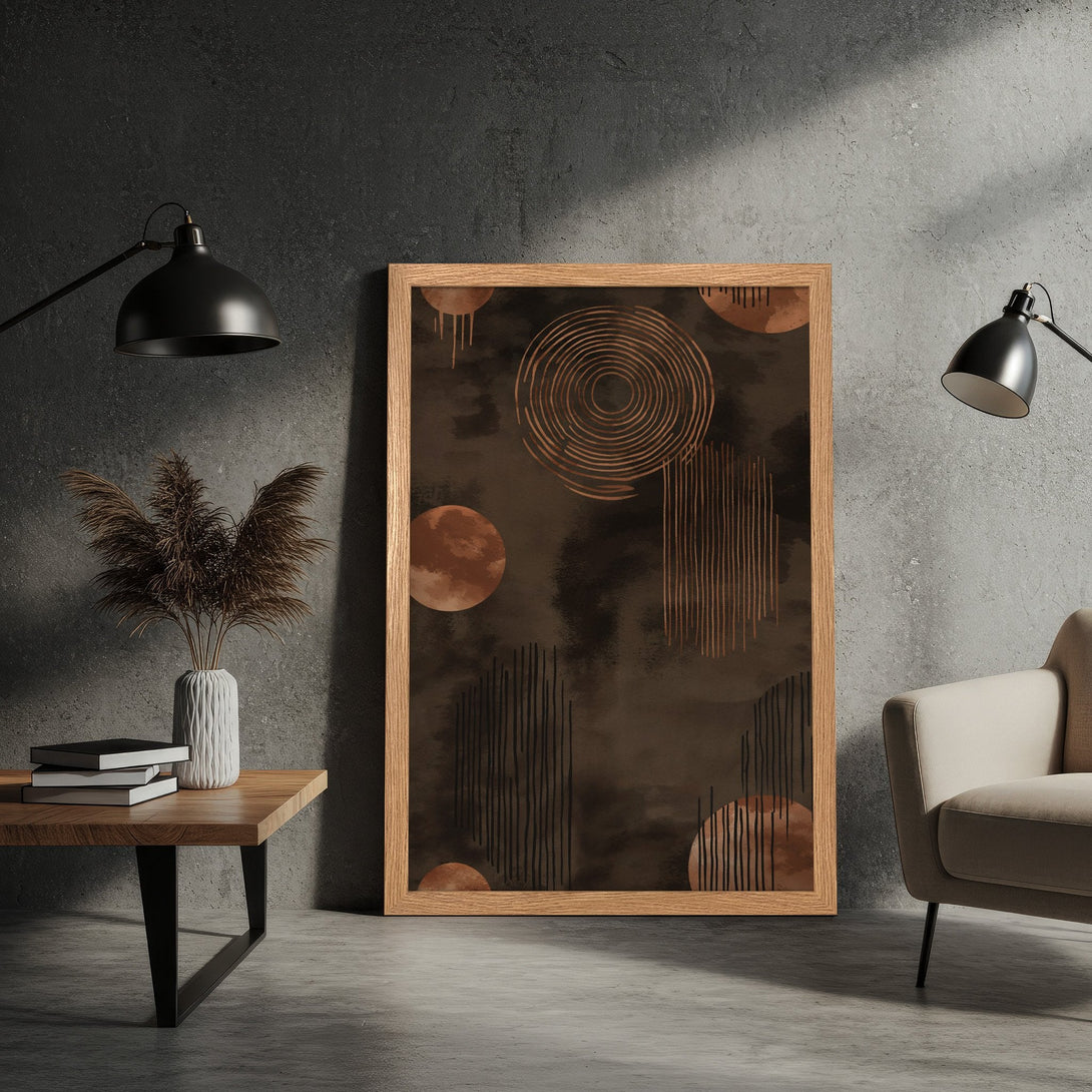 Framed Poster with abstract art in brown and copper tones. Modern style wall art for home decor.