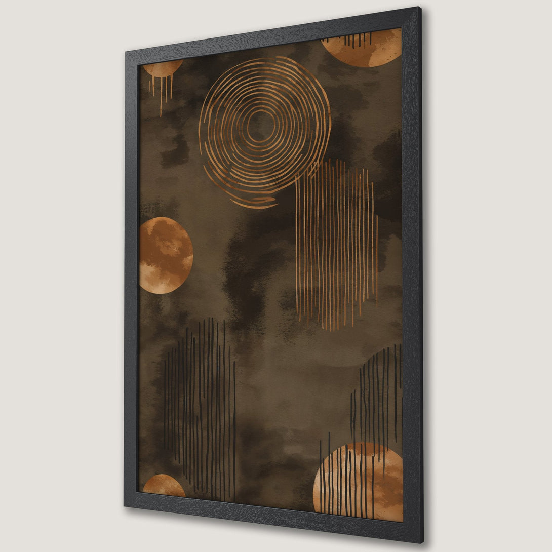 Framed Poster featuring abstract geometric art in earthy brown and gold tones. Modern art print for home decor.