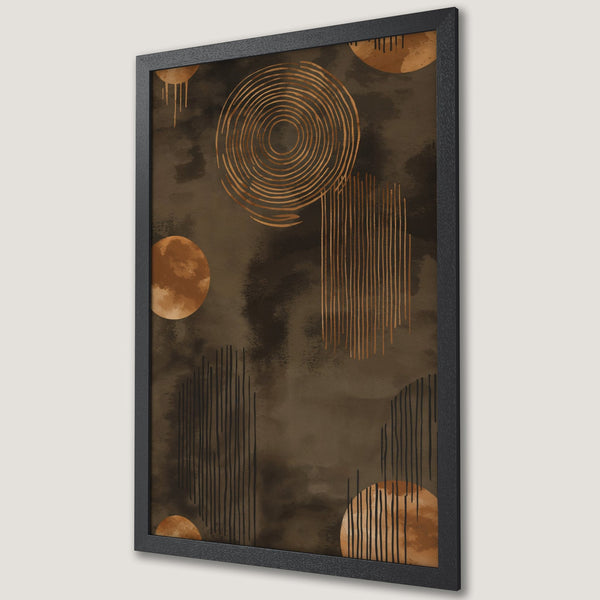 Framed Poster featuring abstract geometric art in earthy brown and gold tones. Modern art print for home decor.