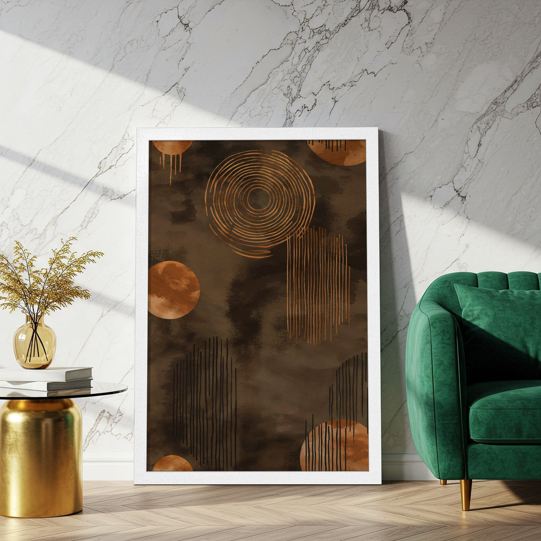 Framed Poster: Abstract art print in brown, gold, and black. Modern style, perfect for home decor. Add a touch of elegance with this wall art.