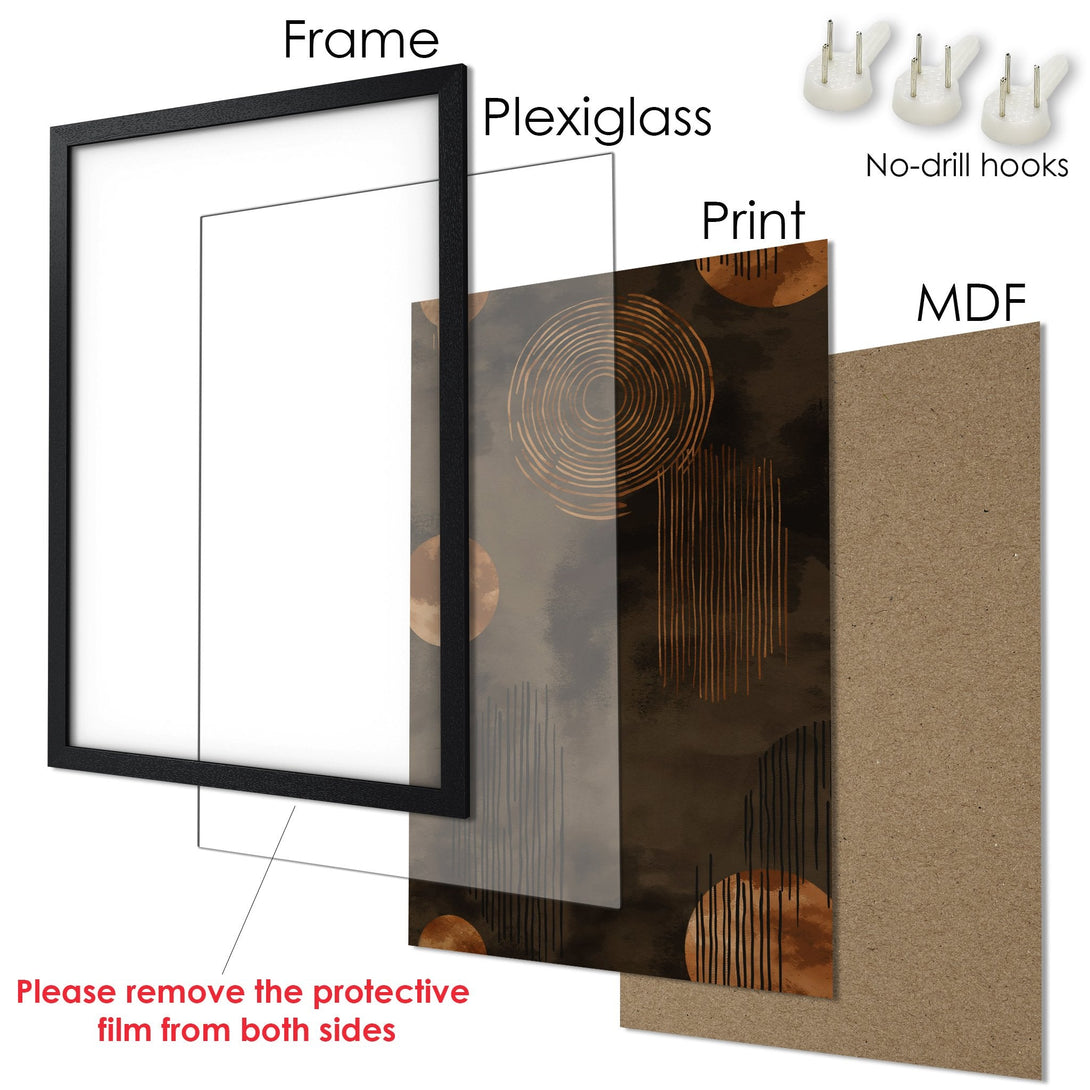 Framed Poster with abstract art in brown and gold tones. Modern design for home decor.