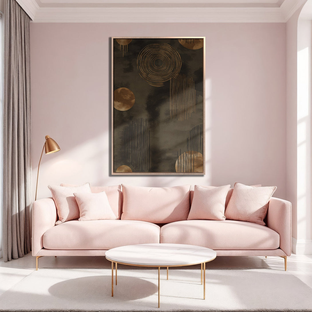 Framed Wall Art: Abstract gold & brown design. Modern canvas print in a blush pink interior, creating a stylish and calming space. Shop now for home decor inspiration!