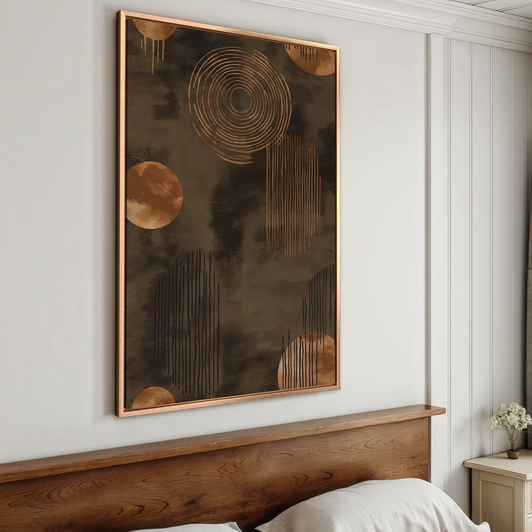 Framed Wall Art featuring abstract geometric design in earthy brown and gold tones, perfect for modern home decor.