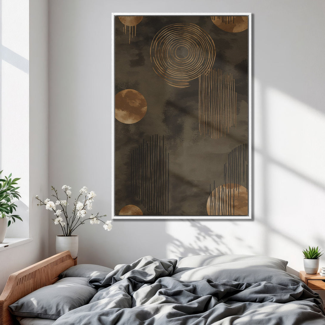 Framed Wall Art: Abstract geometric design in earthy brown and gold tones. Modern art print perfect for bedroom decor.