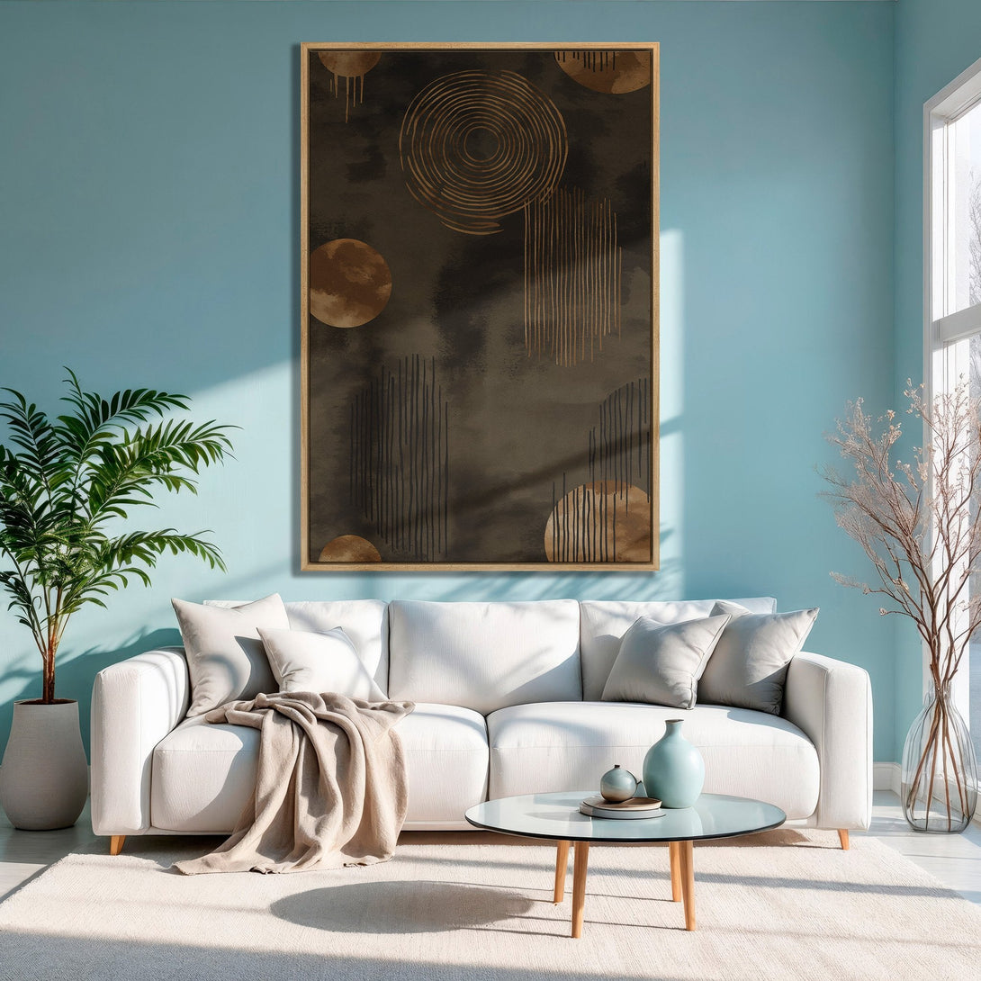 Framed Wall Art: Abstract geometric art in brown and gold tones. Modern Canvas Print adds a touch of elegance to any living room with its warm color palette.