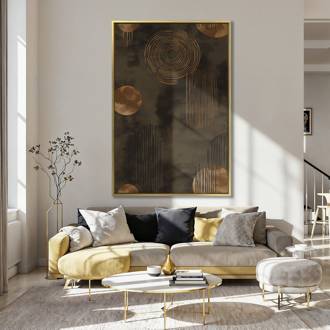 Abstract Canvas Print in a modern kitchen. Features geometric shapes in brown and gold tones against a dark background. Perfect wall art for any space.