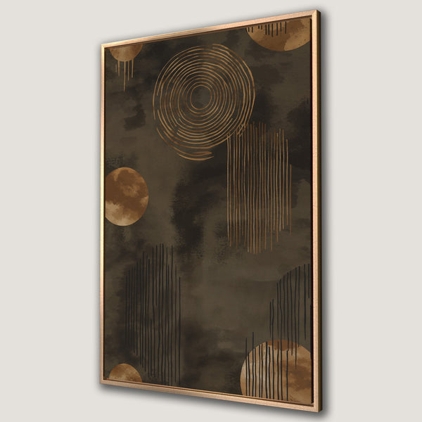 Framed Wall Art featuring an abstract design with geometric shapes in a warm brown and gold color palette. Modern art for your home.