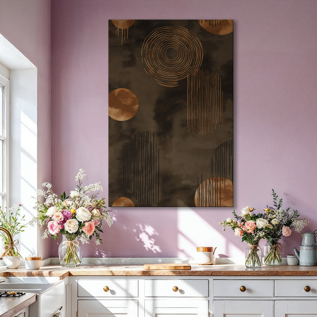 Framed Wall Art featuring abstract geometric design in brown and gold tones, adding a touch of modern elegance to any interior.