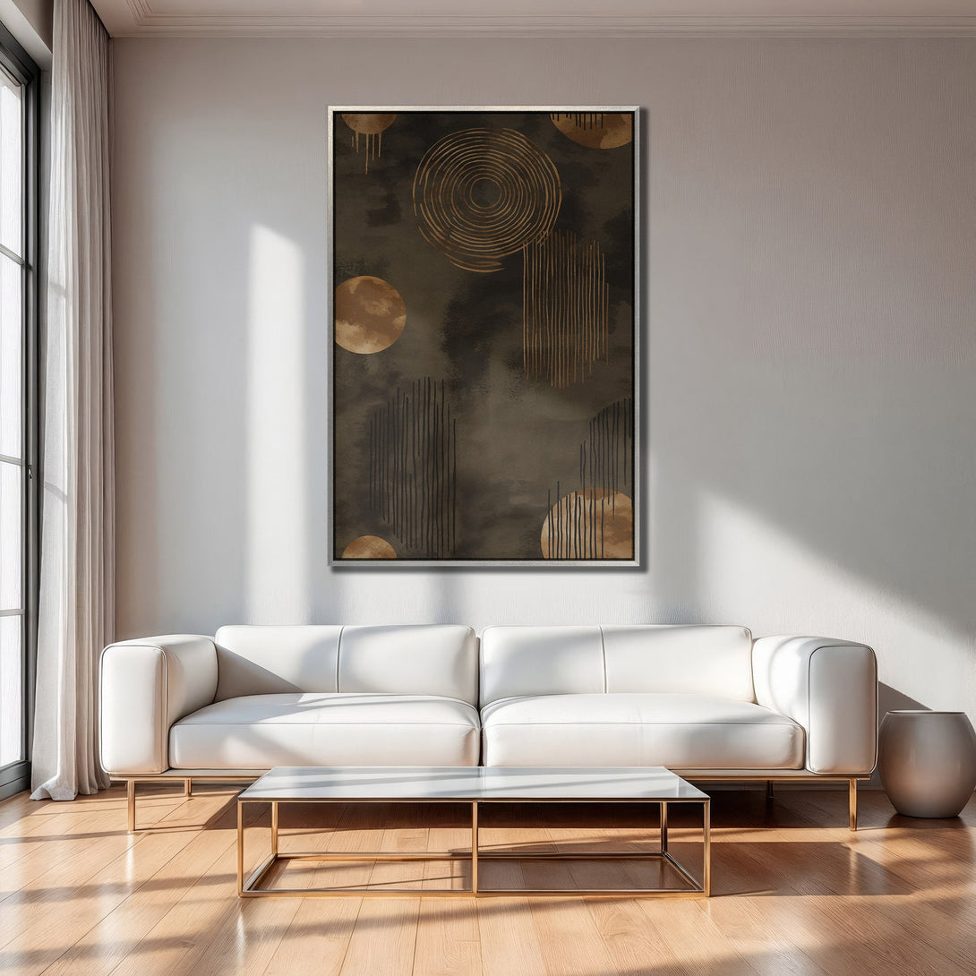 Framed Wall Art: Abstract art print in warm brown and gold tones, displayed in a modern interior. Elevate your space with this stylish canvas print.